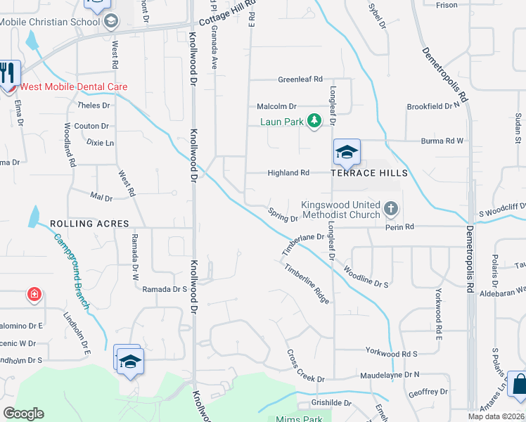 map of restaurants, bars, coffee shops, grocery stores, and more near 5512 Spring Drive in Mobile