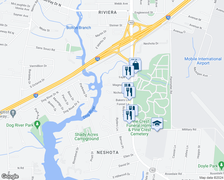 map of restaurants, bars, coffee shops, grocery stores, and more near 2036 Nicholas Lane in Mobile