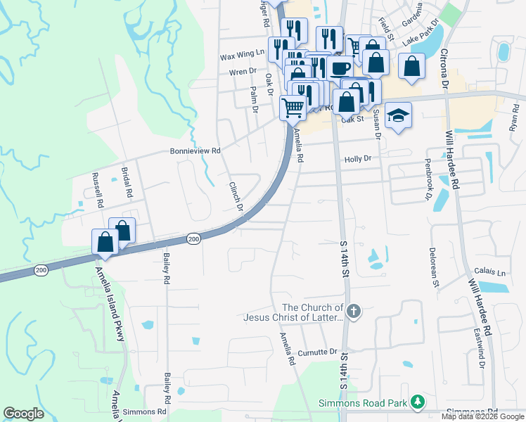 map of restaurants, bars, coffee shops, grocery stores, and more near A1A Florida 200 in Fernandina Beach