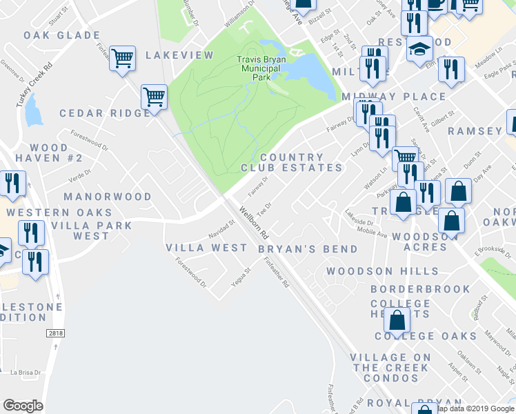 map of restaurants, bars, coffee shops, grocery stores, and more near 414 Tee Drive in Bryan