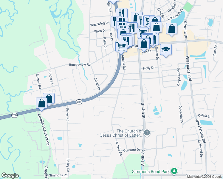 map of restaurants, bars, coffee shops, grocery stores, and more near A1A Florida 200 in Fernandina Beach