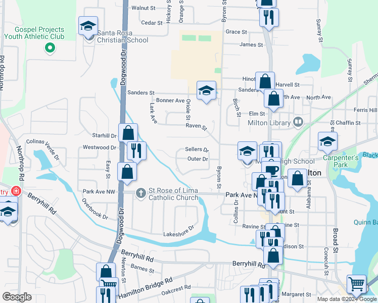 map of restaurants, bars, coffee shops, grocery stores, and more near 6457 Sellers Drive in Milton