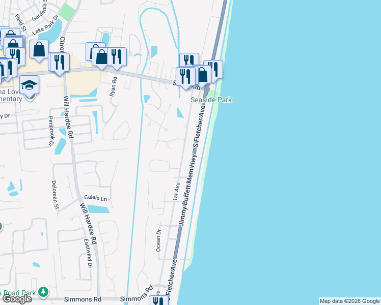 map of restaurants, bars, coffee shops, grocery stores, and more near 2307 South Fletcher Avenue in Fernandina Beach