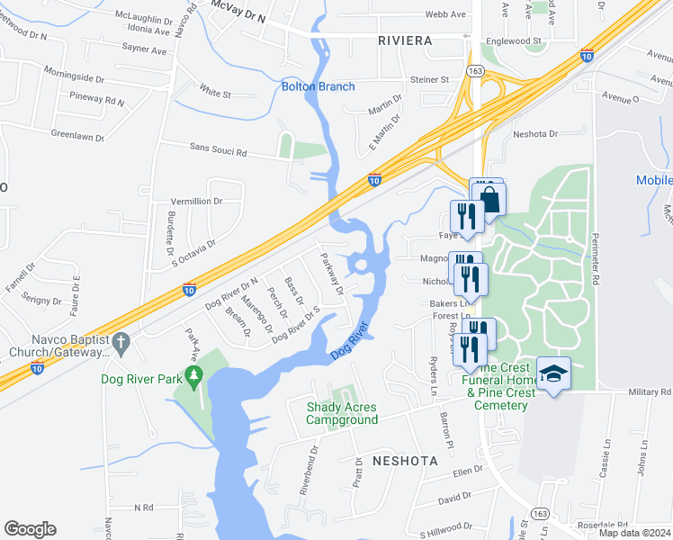 map of restaurants, bars, coffee shops, grocery stores, and more near 1709 Parkway Drive in Mobile