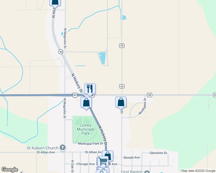 map of restaurants, bars, coffee shops, grocery stores, and more near 3020 County Road 68 in Loxley