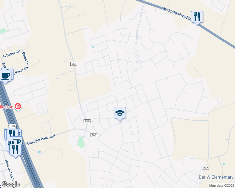 map of restaurants, bars, coffee shops, grocery stores, and more near 121 Wild Sage Lane in Liberty Hill