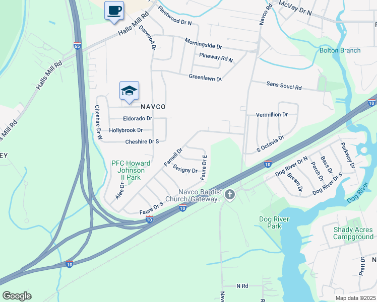 map of restaurants, bars, coffee shops, grocery stores, and more near 2609 Chevalier Drive in Mobile
