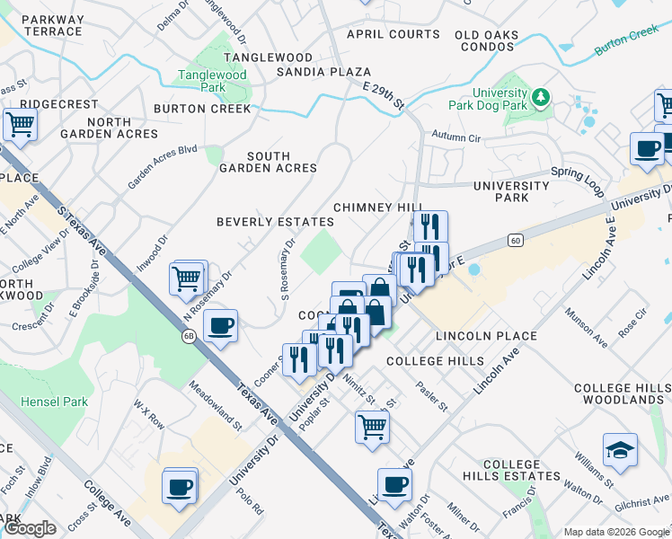 map of restaurants, bars, coffee shops, grocery stores, and more near 760 Sunny Lane in Bryan