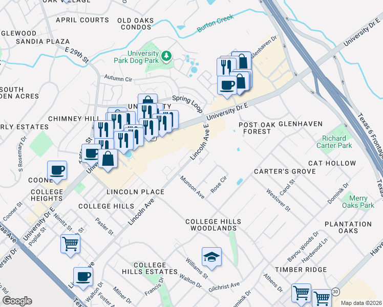 map of restaurants, bars, coffee shops, grocery stores, and more near 1017 Lincoln Avenue in College Station