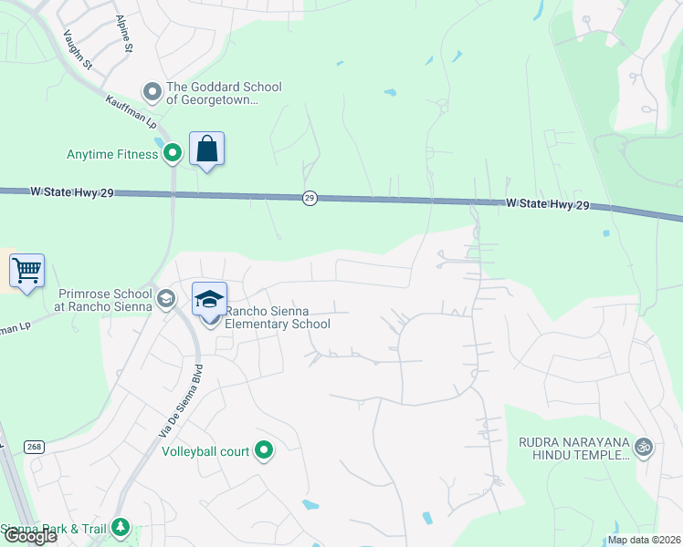 map of restaurants, bars, coffee shops, grocery stores, and more near 225 Russet Trail in Georgetown