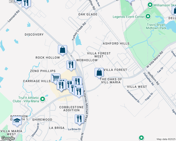 map of restaurants, bars, coffee shops, grocery stores, and more near 1405 Western Oaks Court in Bryan