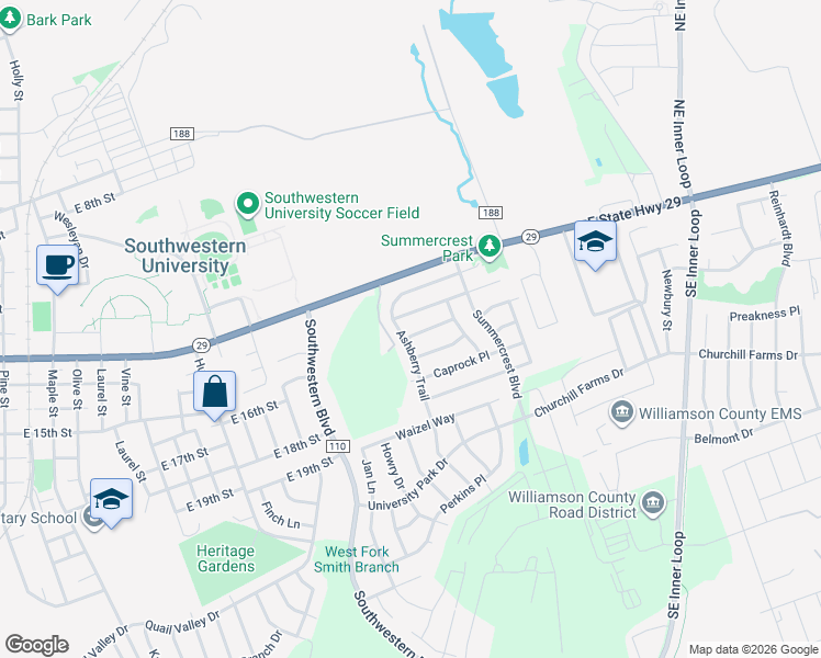 map of restaurants, bars, coffee shops, grocery stores, and more near 2302 Candle Ridge Trail in Georgetown
