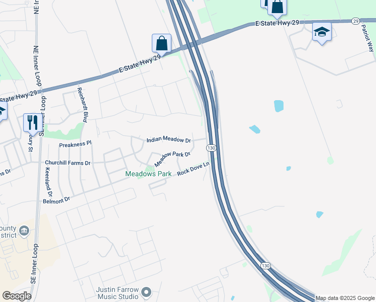 map of restaurants, bars, coffee shops, grocery stores, and more near 120 Meadow Park Drive in Georgetown