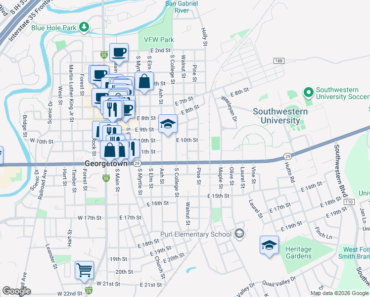 map of restaurants, bars, coffee shops, grocery stores, and more near 1004 Walnut Street in Georgetown