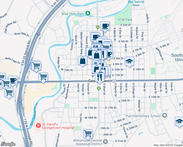 map of restaurants, bars, coffee shops, grocery stores, and more near 1006 South Austin Avenue in Georgetown
