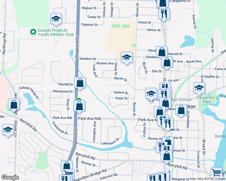 map of restaurants, bars, coffee shops, grocery stores, and more near 6466 Sellers Drive in Milton