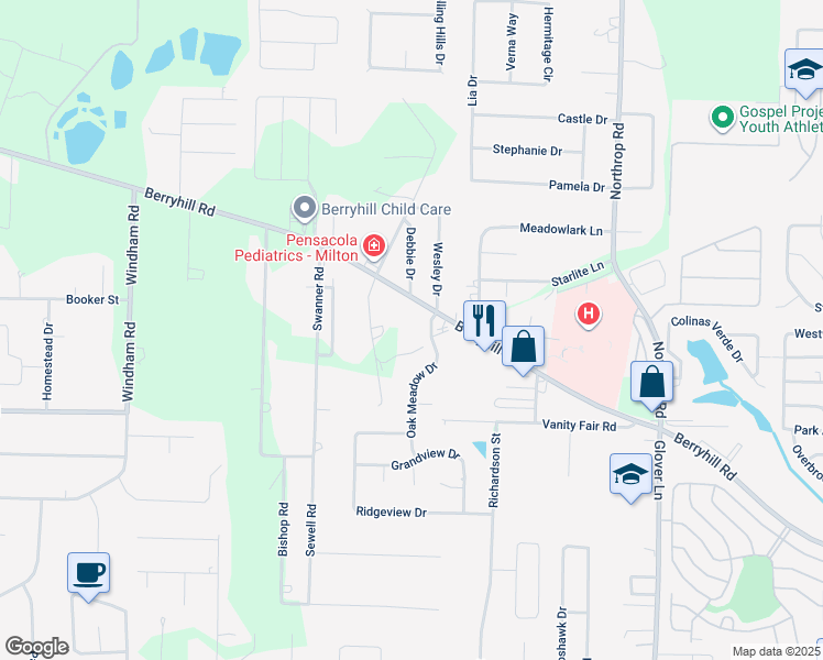 map of restaurants, bars, coffee shops, grocery stores, and more near 5887 Berryhill Road in Milton