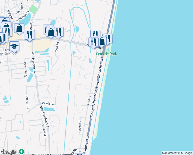 map of restaurants, bars, coffee shops, grocery stores, and more near 2307 South Fletcher Avenue in Fernandina Beach
