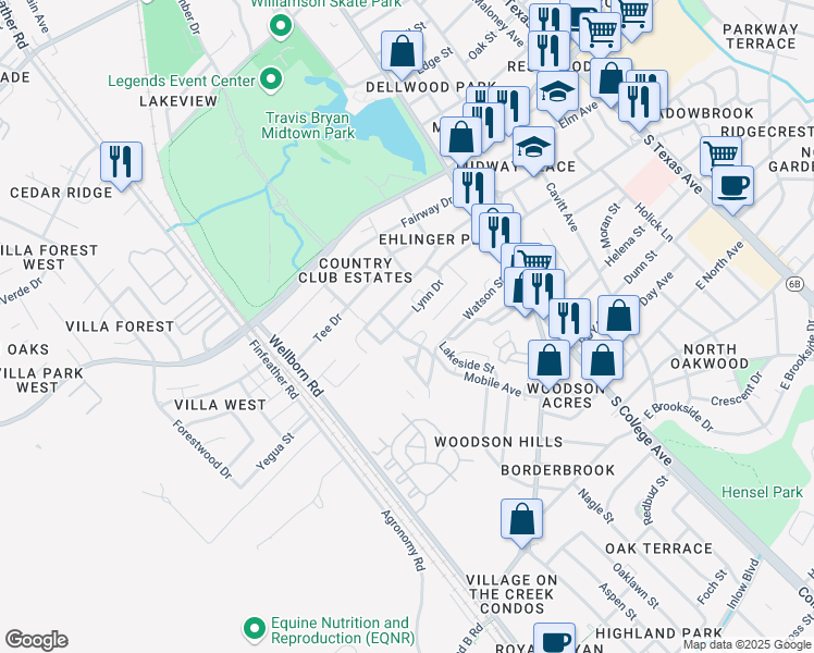 map of restaurants, bars, coffee shops, grocery stores, and more near 225 Lynn Drive in Bryan