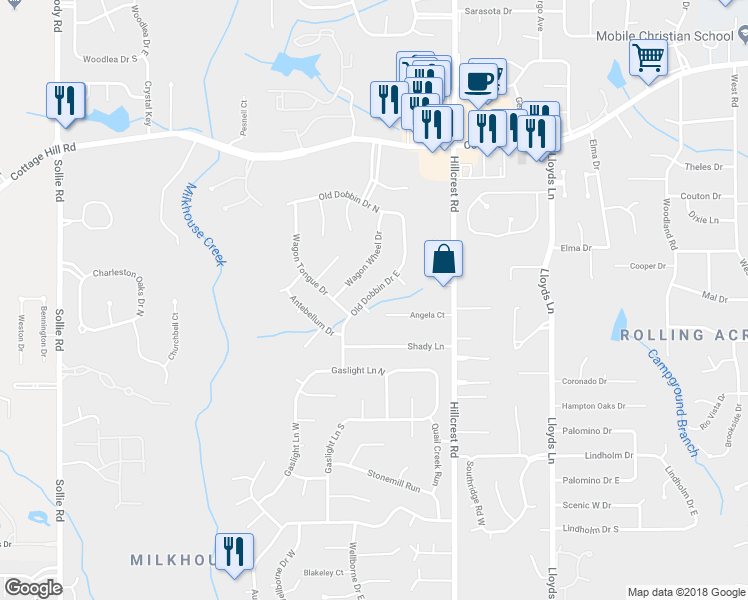 map of restaurants, bars, coffee shops, grocery stores, and more near 2633 Old Dobbin Drive East in Mobile