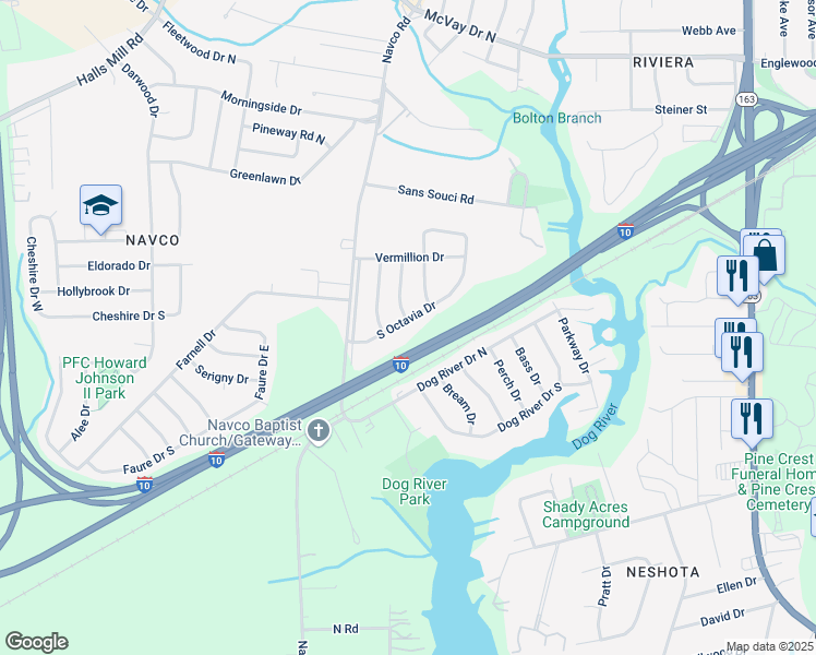 map of restaurants, bars, coffee shops, grocery stores, and more near 2401 South Octavia Drive in Mobile