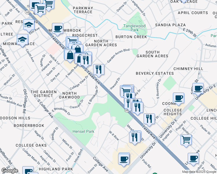 map of restaurants, bars, coffee shops, grocery stores, and more near 4103 Texas Avenue in Bryan
