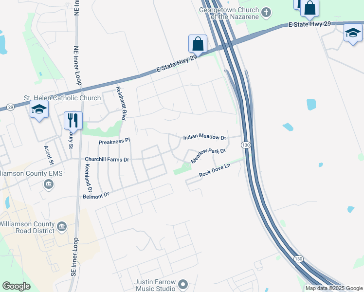 map of restaurants, bars, coffee shops, grocery stores, and more near 918 Churchill Farms Drive in Georgetown