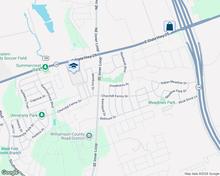 map of restaurants, bars, coffee shops, grocery stores, and more near 308 Steeplechase Drive in Georgetown