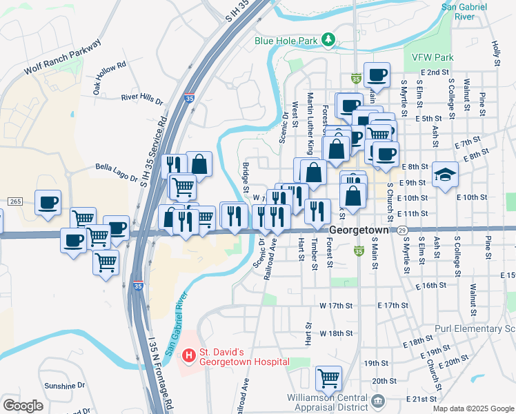 map of restaurants, bars, coffee shops, grocery stores, and more near 1002 Scenic Drive in Georgetown