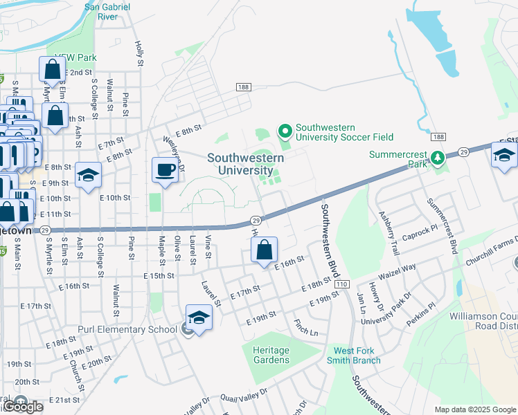 map of restaurants, bars, coffee shops, grocery stores, and more near 1701 East University Avenue in Georgetown