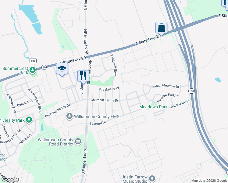 map of restaurants, bars, coffee shops, grocery stores, and more near 303 Reinhardt Boulevard in Georgetown