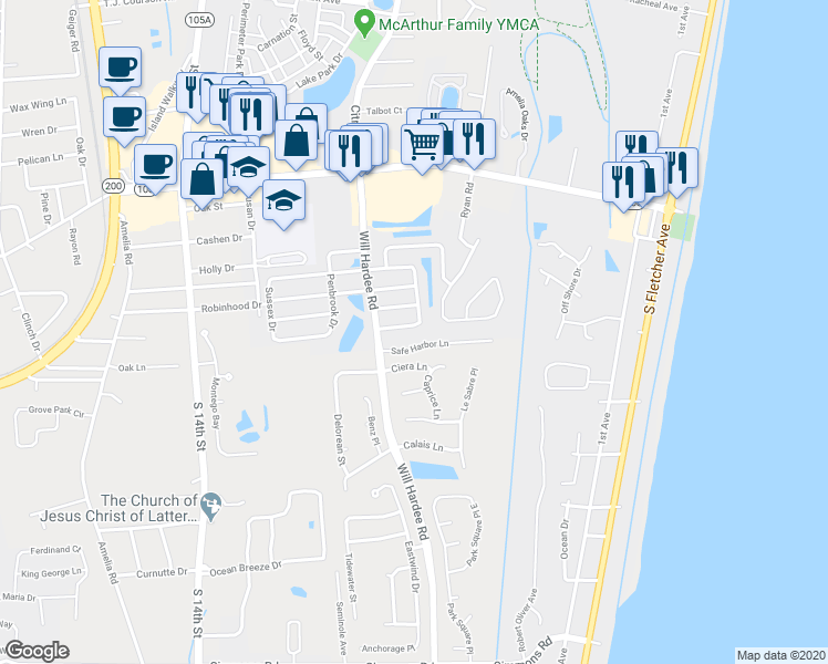 map of restaurants, bars, coffee shops, grocery stores, and more near 2158 Whitfield Drive in Fernandina Beach