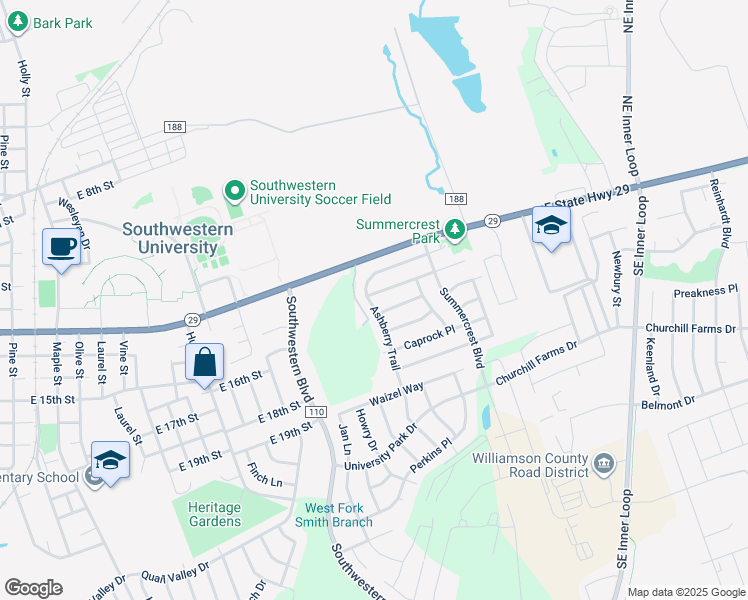 map of restaurants, bars, coffee shops, grocery stores, and more near 2302 Candle Ridge Trail in Georgetown