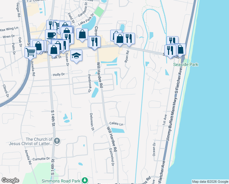 map of restaurants, bars, coffee shops, grocery stores, and more near 2158 Whitfield Drive in Fernandina Beach