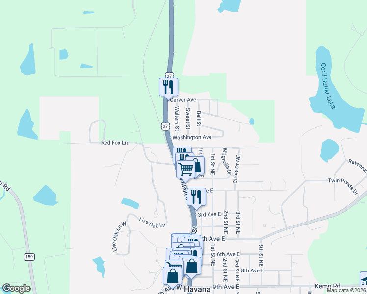 map of restaurants, bars, coffee shops, grocery stores, and more near 127 Horseshoe Drive in Havana