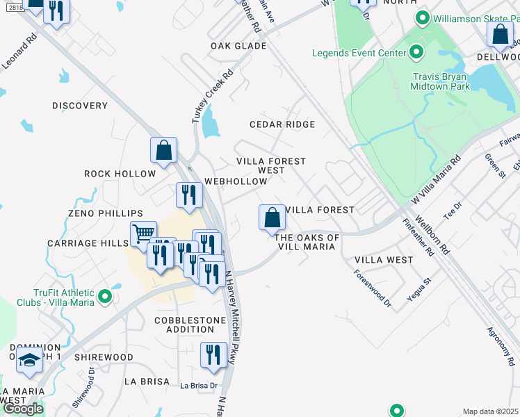 map of restaurants, bars, coffee shops, grocery stores, and more near 2908 Silver Spur Circle in Bryan