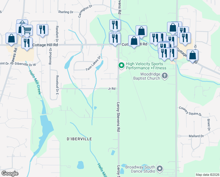 map of restaurants, bars, coffee shops, grocery stores, and more near 8177 Junior Road in Mobile