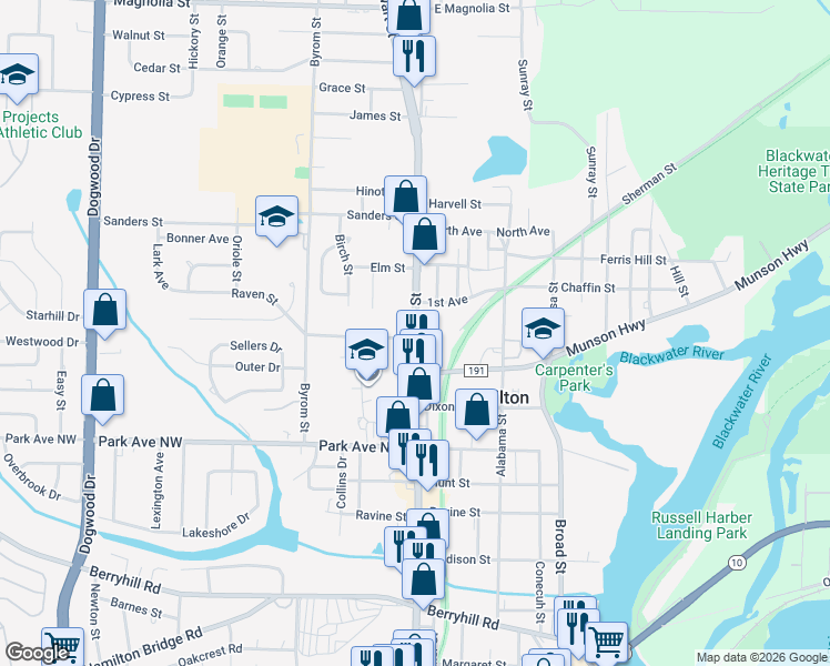 map of restaurants, bars, coffee shops, grocery stores, and more near Florida 87 in Milton