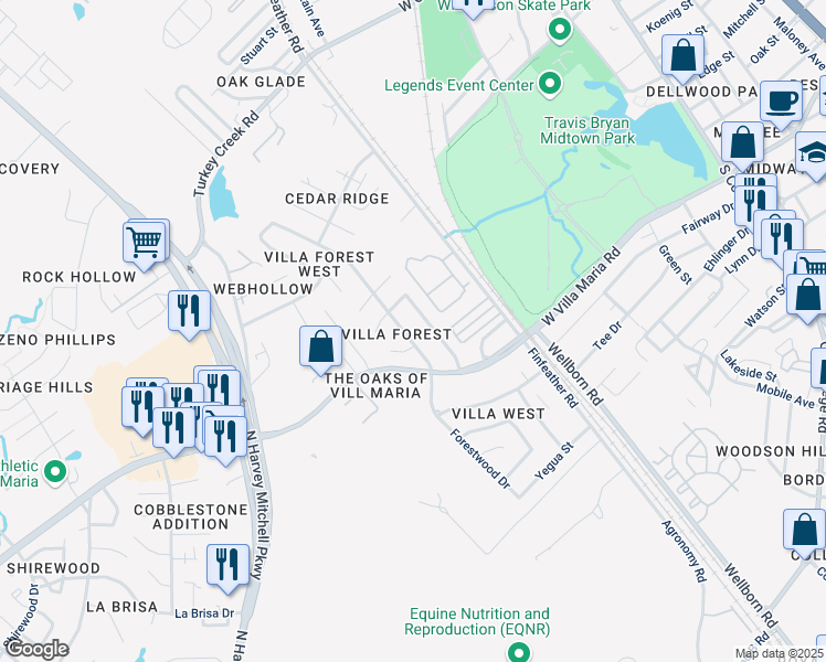 map of restaurants, bars, coffee shops, grocery stores, and more near 3109 Forestwood Drive in Bryan