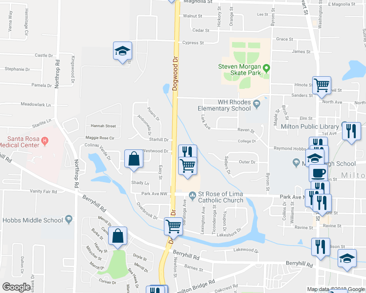 map of restaurants, bars, coffee shops, grocery stores, and more near 5500 Dogwood Drive in Milton