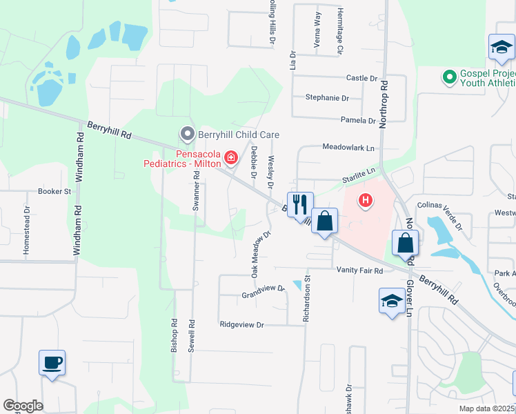 map of restaurants, bars, coffee shops, grocery stores, and more near 5887 Berryhill Road in Milton