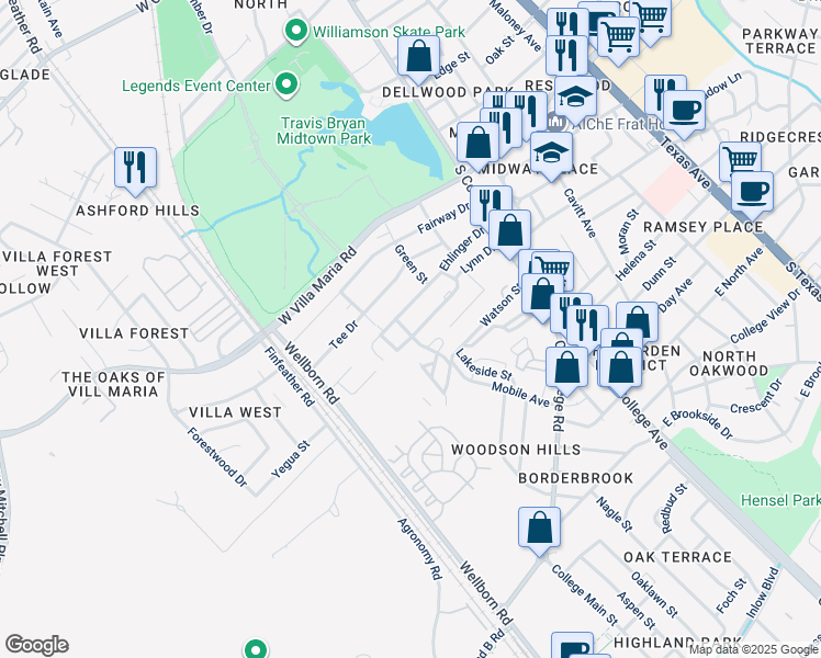 map of restaurants, bars, coffee shops, grocery stores, and more near 225 Lynn Drive in Bryan