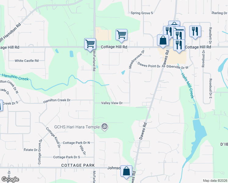 map of restaurants, bars, coffee shops, grocery stores, and more near 2723 Dawes Court in Mobile