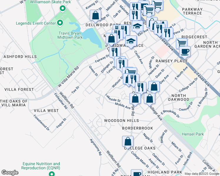map of restaurants, bars, coffee shops, grocery stores, and more near 113 Lynn Drive in Bryan