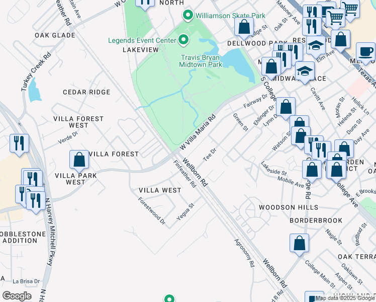 map of restaurants, bars, coffee shops, grocery stores, and more near 412 Fairway Drive in Bryan