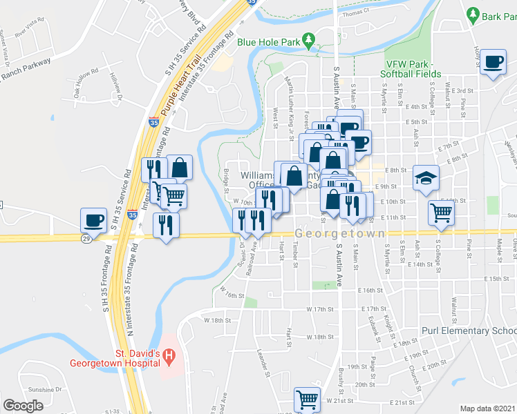 map of restaurants, bars, coffee shops, grocery stores, and more near 700 1/2 West 10th Street in Georgetown