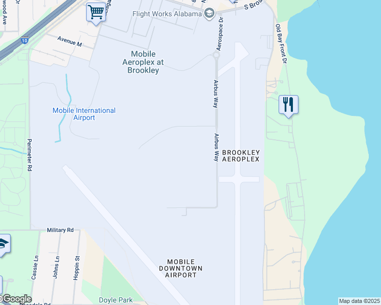 map of restaurants, bars, coffee shops, grocery stores, and more near 320 Airbus Way in Mobile
