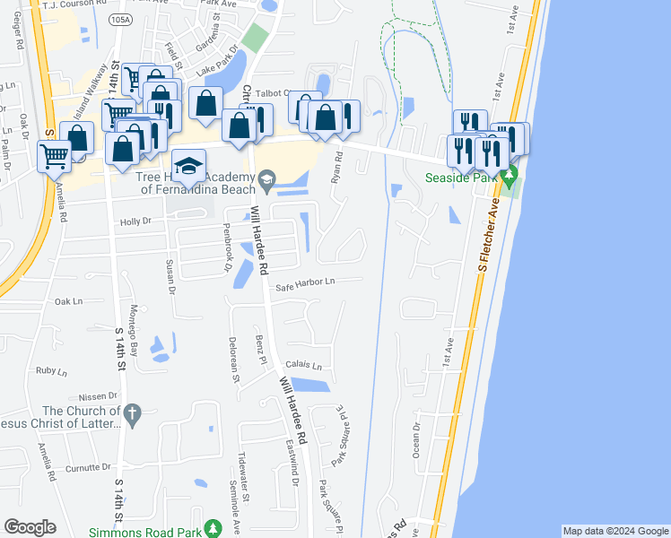map of restaurants, bars, coffee shops, grocery stores, and more near 2513 Pirates Bay Drive in Fernandina Beach