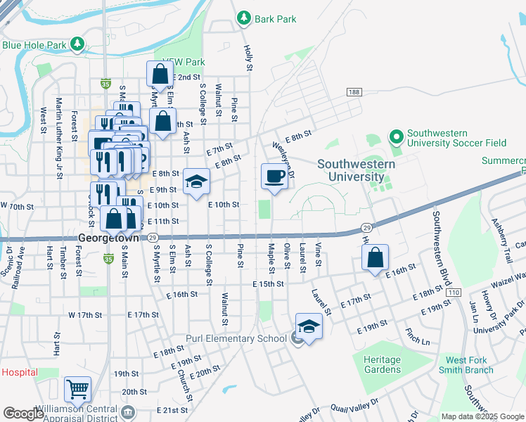 map of restaurants, bars, coffee shops, grocery stores, and more near Maple Street in Georgetown