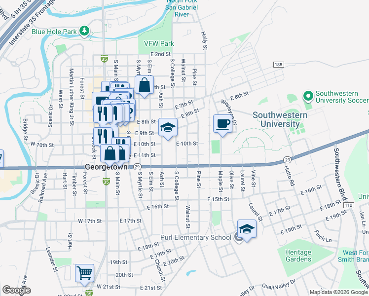 map of restaurants, bars, coffee shops, grocery stores, and more near 1004 Walnut Street in Georgetown